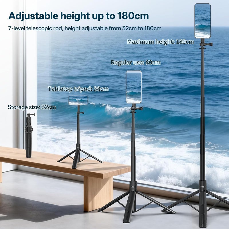 VRIG 74" Action Camera Selfie Stick Tripod, TP-31 Extendable Tripod Stand with 1/4" Screw, Go Pro Adapter and Magnetic Phone Mount, Compatible with iPhone/DJI Osmo Action 5 Pro/Insta 360 X5 - Image 3